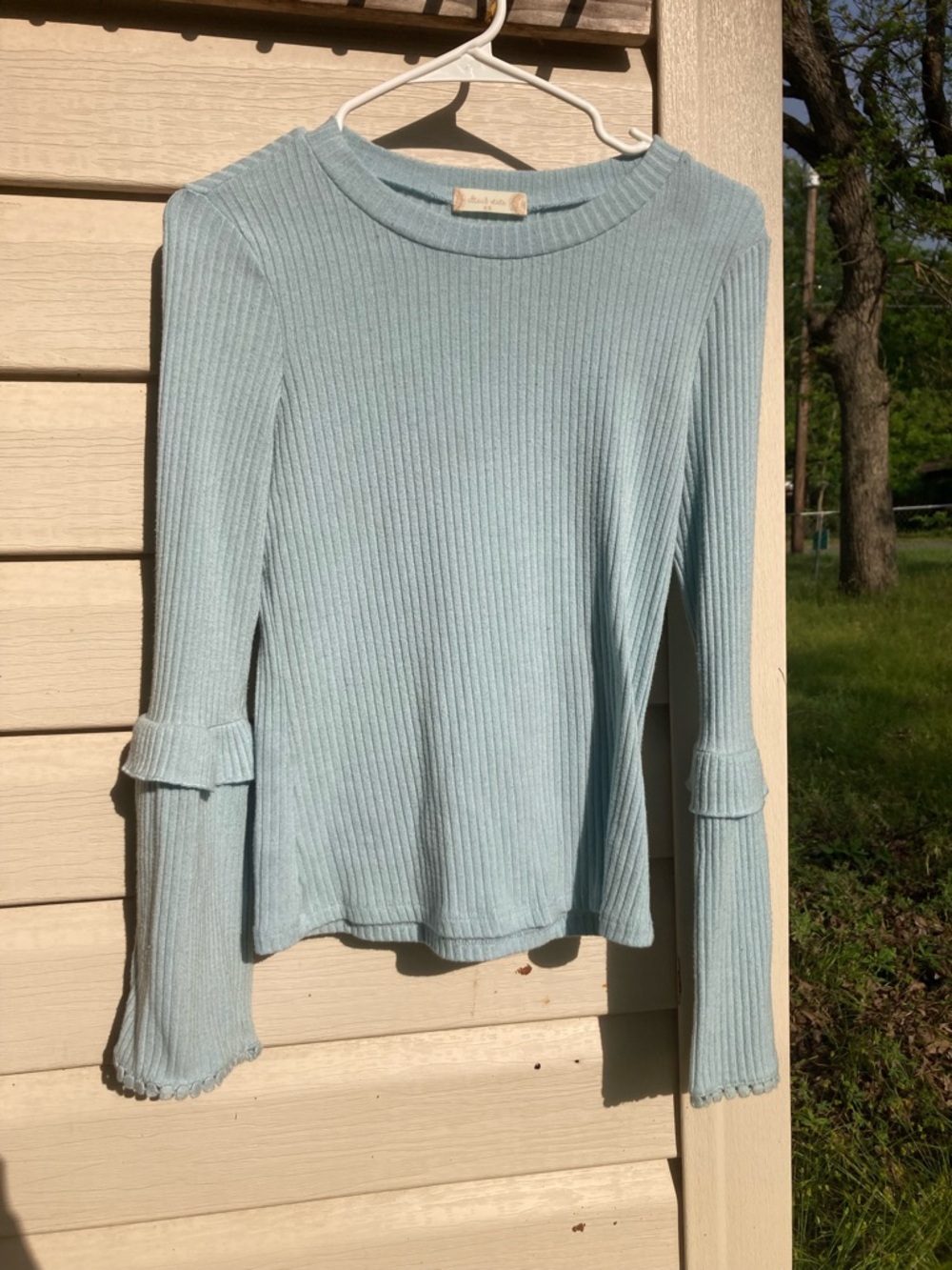 Altar'd State Pale Blue Ribbed Long-Sleeve Top with Tiered Ruffle Cuffs